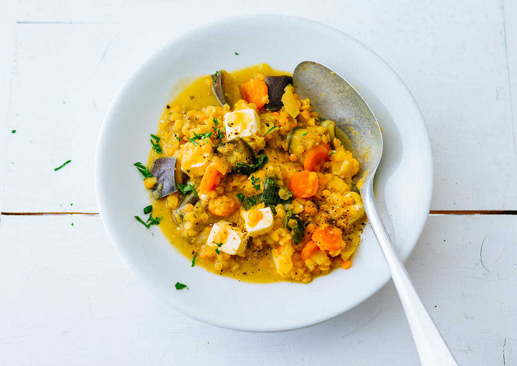 Tofu, Sweet Potato, Lentil and Broccoli Stew